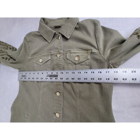 Chico's Womens Embroidered Sage-Denim Jacket Size 0, US 4/6 Button-Up Frayed Hem - Picture 6 of 7